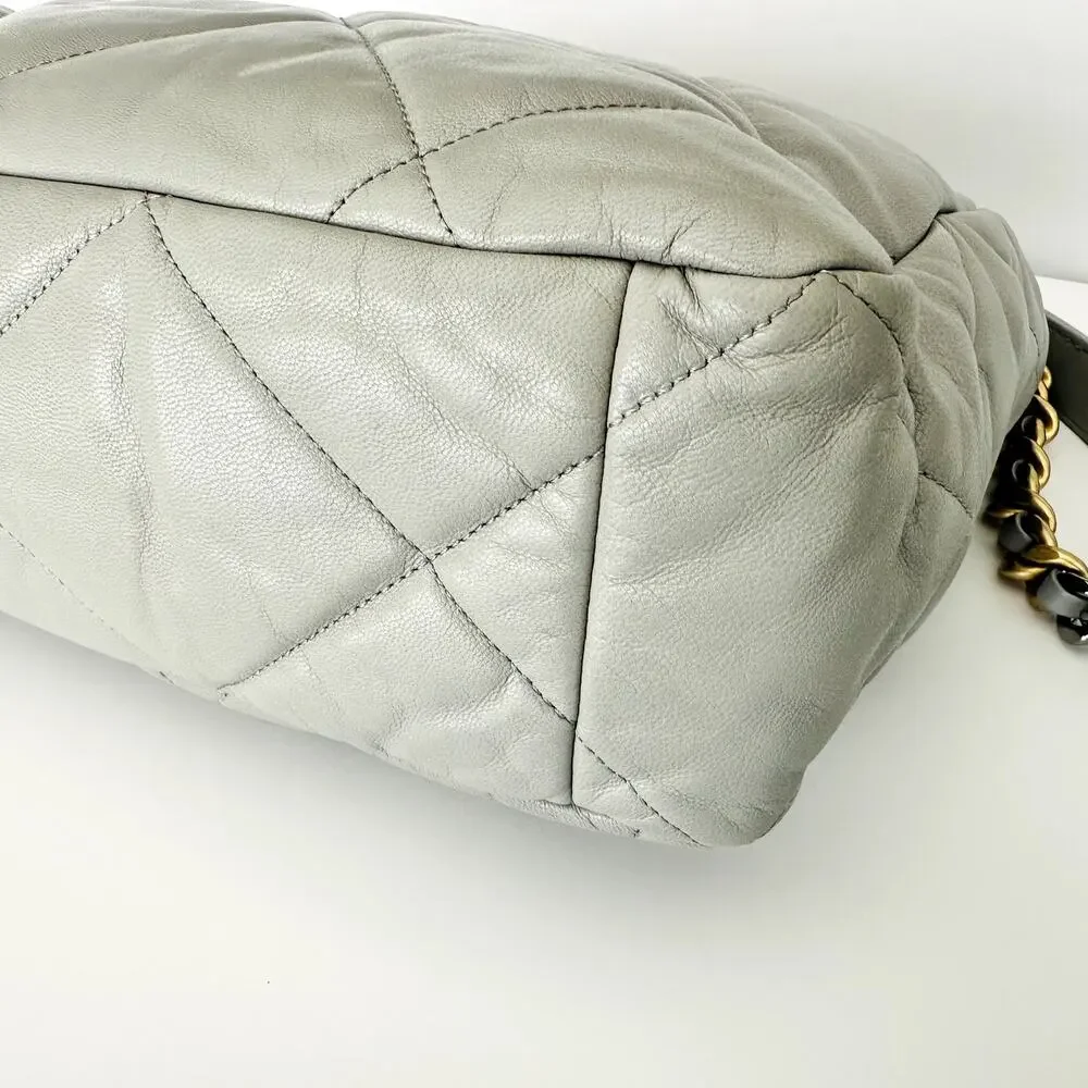 Chanel 19 Goatskin Quilted Medium Flap Purse Grey Tri-Color Chain Full Set & Box